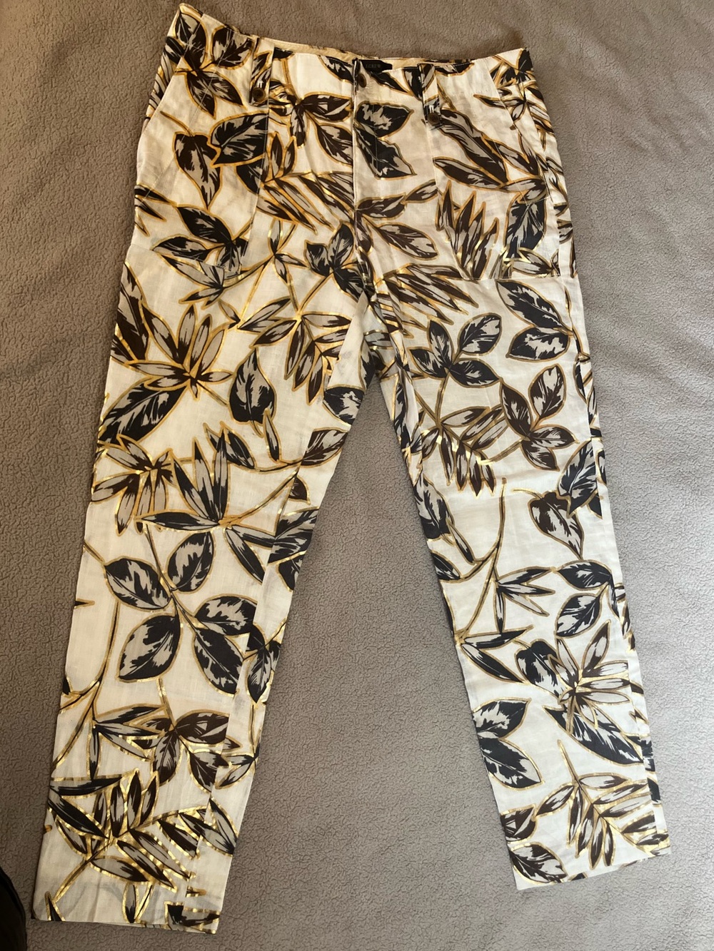 J. Crew Cream Pants with Black & Gold Botanical Print
